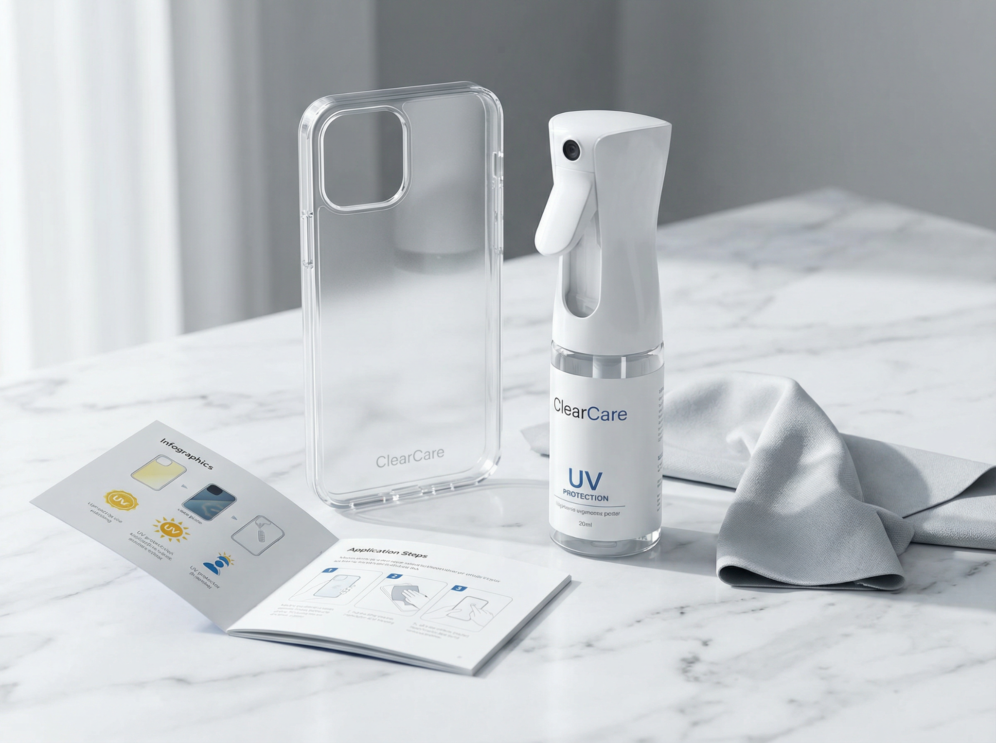 ClearCare Kit: funda transparente, spray UV, paño y guía